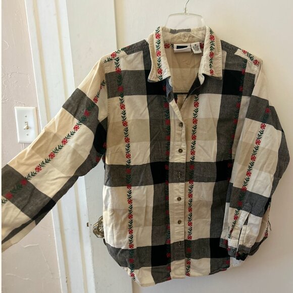 Embroidered Rose Flannel Shirt – 1X (Fits Like Large) | Cozy Plaid Button-Up - Picture 1 of 4